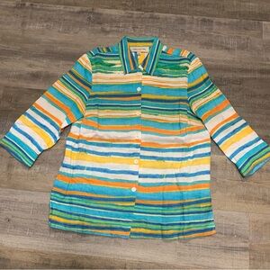Jones New York Linen Watercolor Coastal Striped 3/4 Sleeve Button Up Top Medium